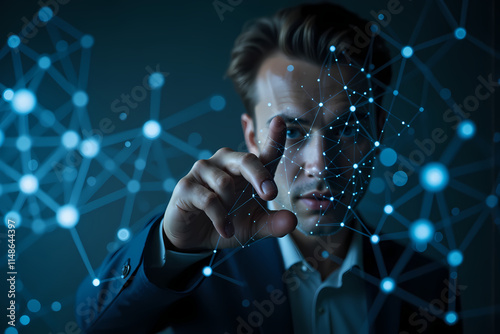Tech Visionary man Engaging with Futuristic Data Network  with hand and fingers