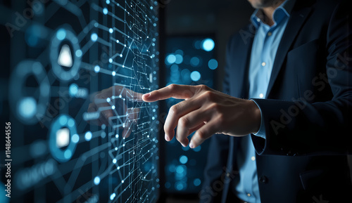 Tech Professional man Engaging with Futuristic 3 dimension  Data Network Interface with hand and fingers