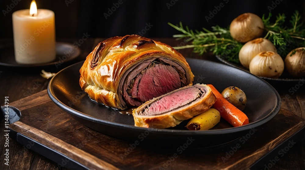 Savoring the rich, inviting aroma of a perfectly baked beef wellington surrounded by seasonal vegetables and candlelight for a cozy dining experience Savoring the rich, inviting aroma of a perfectly baked beef wellington surrounded by seasonal vegetables and candlelight for a cozy dining experience