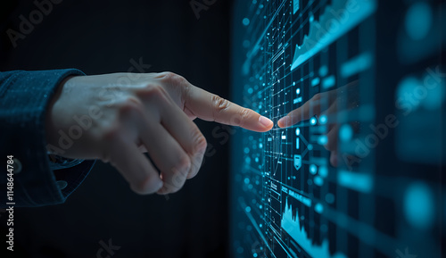 Finger Touching Futuristic Digital Interface with Data and AI Elements