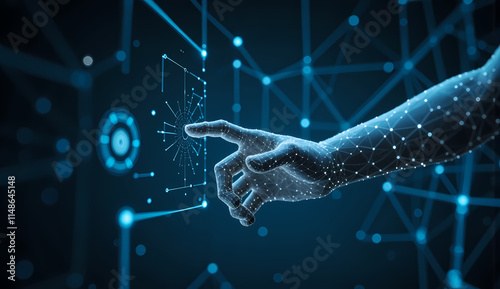 Digital Hand Interacting with Futuristic Data Network