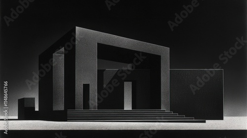Monochromatic abstract architecture; dark, geometric building with stairs.