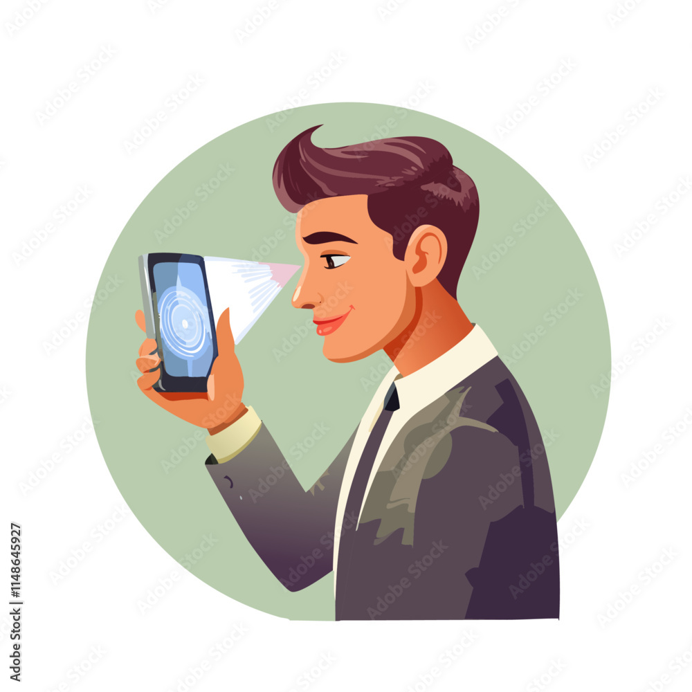 Facial recognition smart phone concept. Man character hold gadget. Vector flat cartoon illustration Facial recognition smart phone concept. Man character hold gadget. Vector flat cartoon illustration