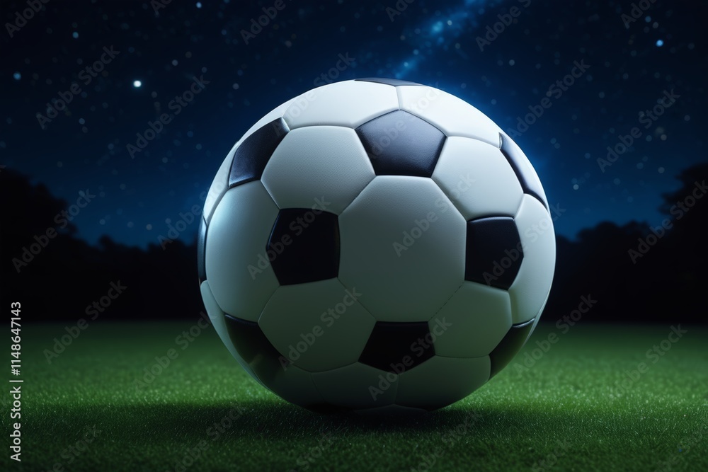 Fototapeta premium soccer ball on grass field with stars in the sky