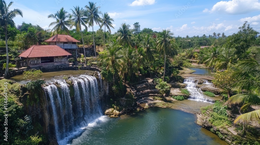 Tropical Waterfall Scene With Rustic House Tropical Waterfall Scene With Rustic House