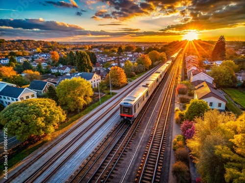 Aerial View: Long Island Railroad Train Speeding Through Rockville Centre, Long Island photo