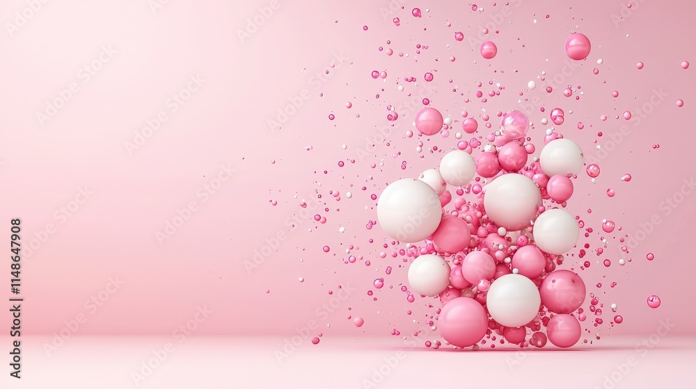 A vibrant display of floating pink and white spheres, creating a dynamic visual effect against a soft pink background, ideal for creative projects. A vibrant display of floating pink and white spheres, creating a dynamic visual effect against a soft pink background, ideal for creative projects.