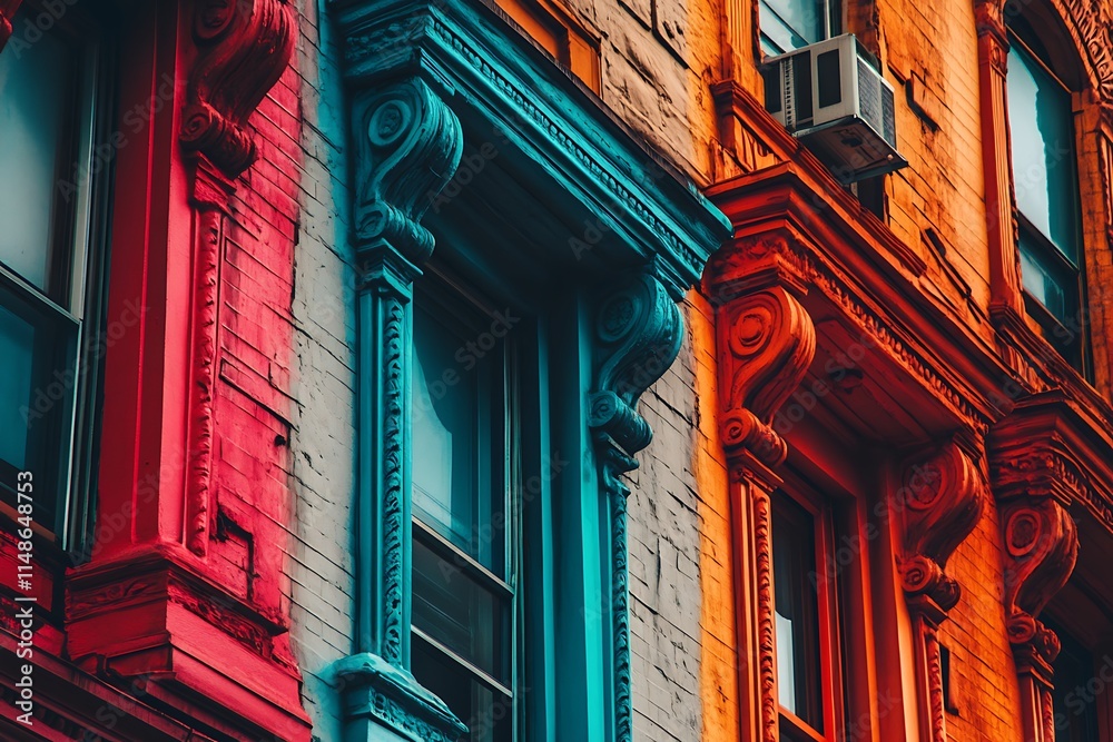 Naklejka premium Vibrant Colored Brick Building Facade Window Detail