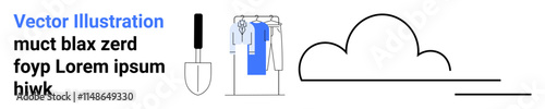Gardening spade, clothes on hanger, and cloud outline signify a blend of gardening, organization, and minimalist concepts. Ideal for lifestyle, home organization, wardrobe planning, gardening