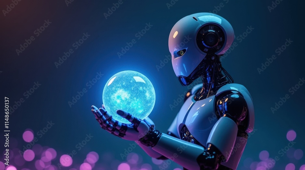Fototapeta premium Humanoid Robot with Miniature Glowing Blue Sun