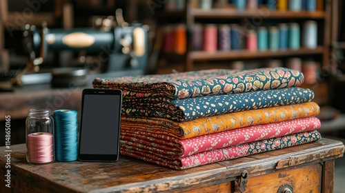 Colorful Fabrics on Wooden Table Display