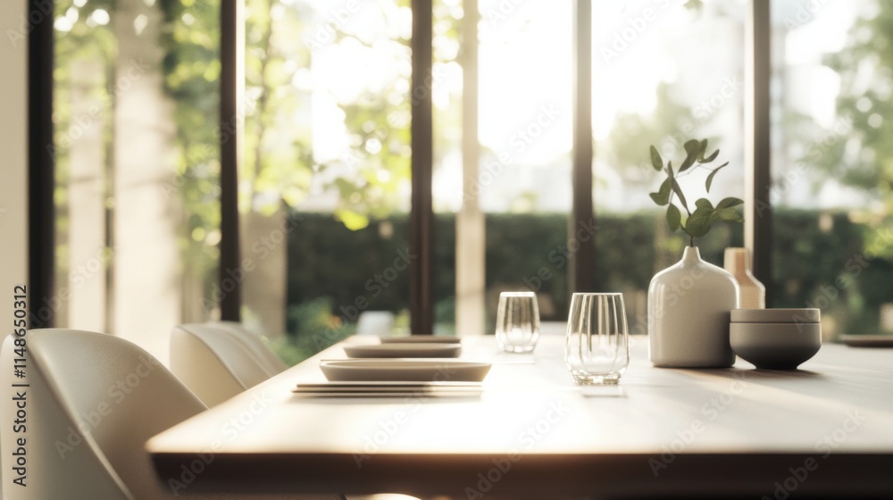 Modern minimalist dining area with stylish, clean design. Featuring neutral colors and minimal decor Modern minimalist dining area with stylish, clean design. Featuring neutral colors and minimal decor