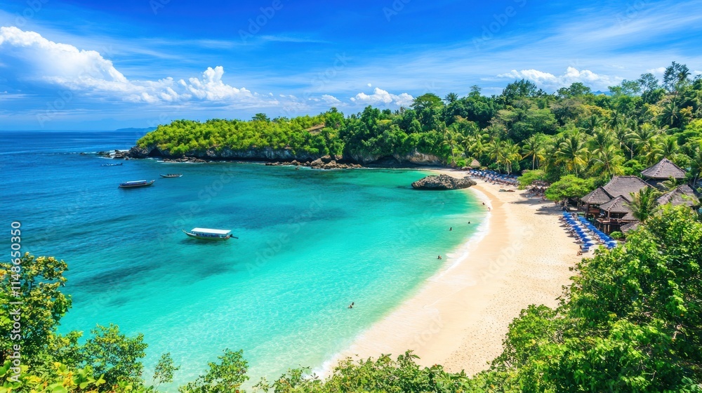 Secluded Tropical Beach Cove With Boats And Lush Greenery Secluded Tropical Beach Cove With Boats And Lush Greenery