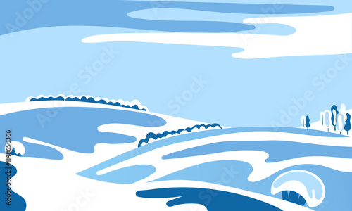 Minimalistic winter landscape illustration with snowy hills and a serene blue sky is ideal for greeting cards, seasonal designs, website headers