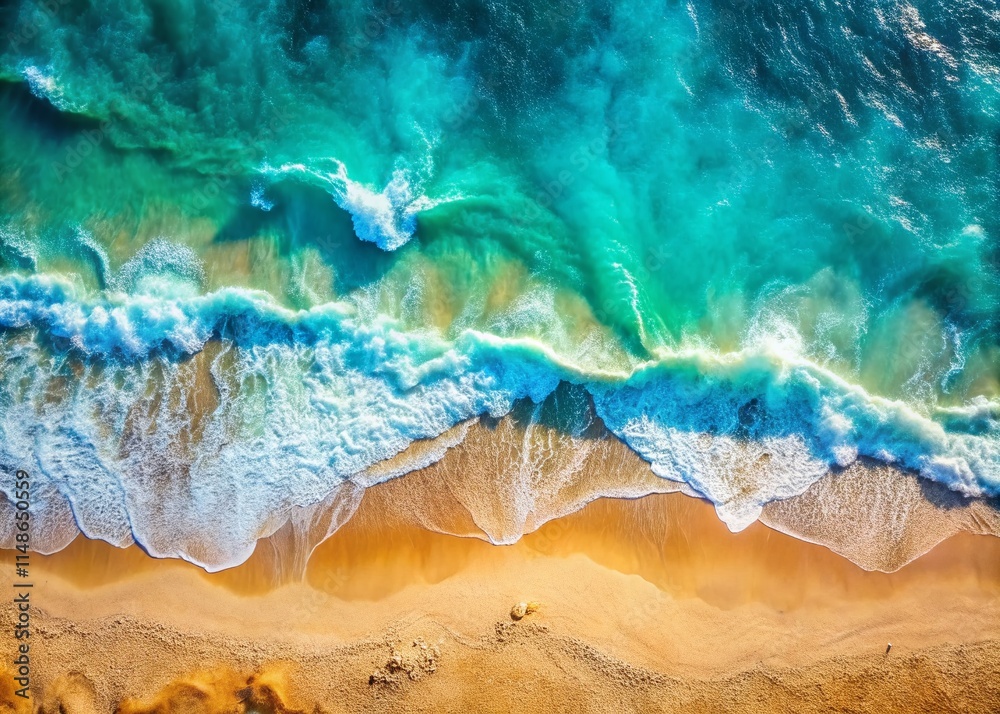 Aerial View Ocean Wave Crashing on Sandy Beach - Calming Summer Vacation Banner Aerial View Ocean Wave Crashing on Sandy Beach - Calming Summer Vacation Banner