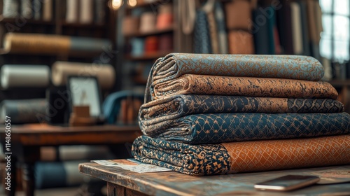 Colorful Fabric Rolls in Cozy Workshop photo