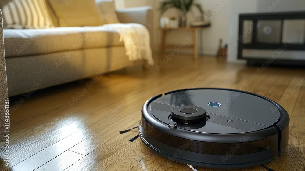 Robot vacuum cleaner operates quietly in a modern living room during the day Robot vacuum cleaner operates quietly in a modern living room during the day