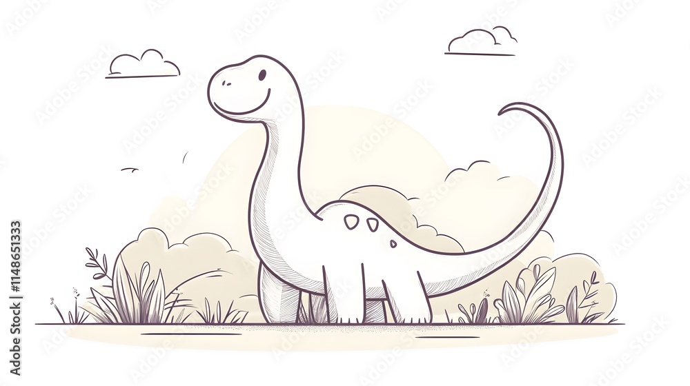 Simple line drawing of a friendly dinosaur with a big tail