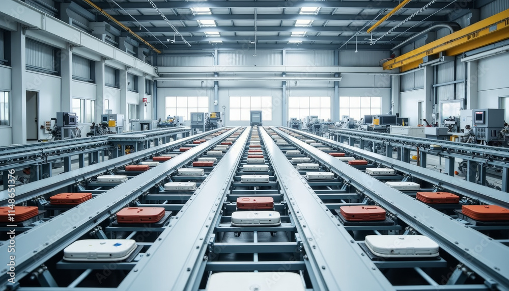 Fototapeta premium Expansive factory floor showcasing automated machinery and conveyor belts in a pristine industrial environment