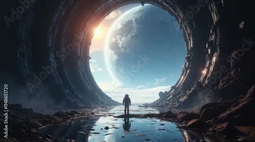 Tiny Astronaut Resting at Spaceship Entrance