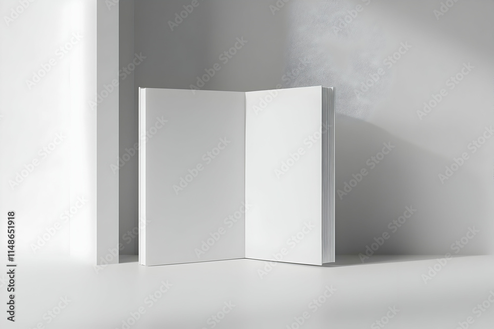 An open blank book on a minimalistic surface, inviting creativity and ideas. An open blank book on a minimalistic surface, inviting creativity and ideas.