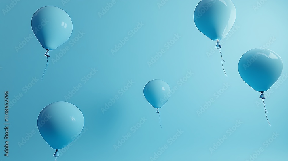 Five light blue pastel balloons float against a light blue background. Five light blue pastel balloons float against a light blue background.
