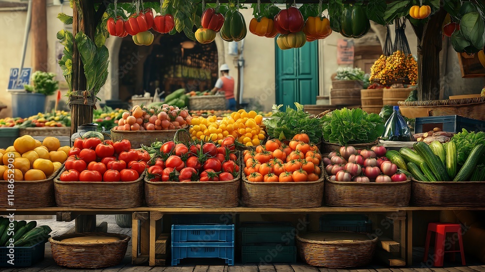 Obraz premium A Sunday farmers' market with vibrant colors, fresh produce, and happy people shopping, Sunday market, weekend joy.