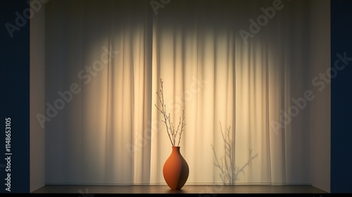 Clay vase with branches silhouetted against illuminated curtains.