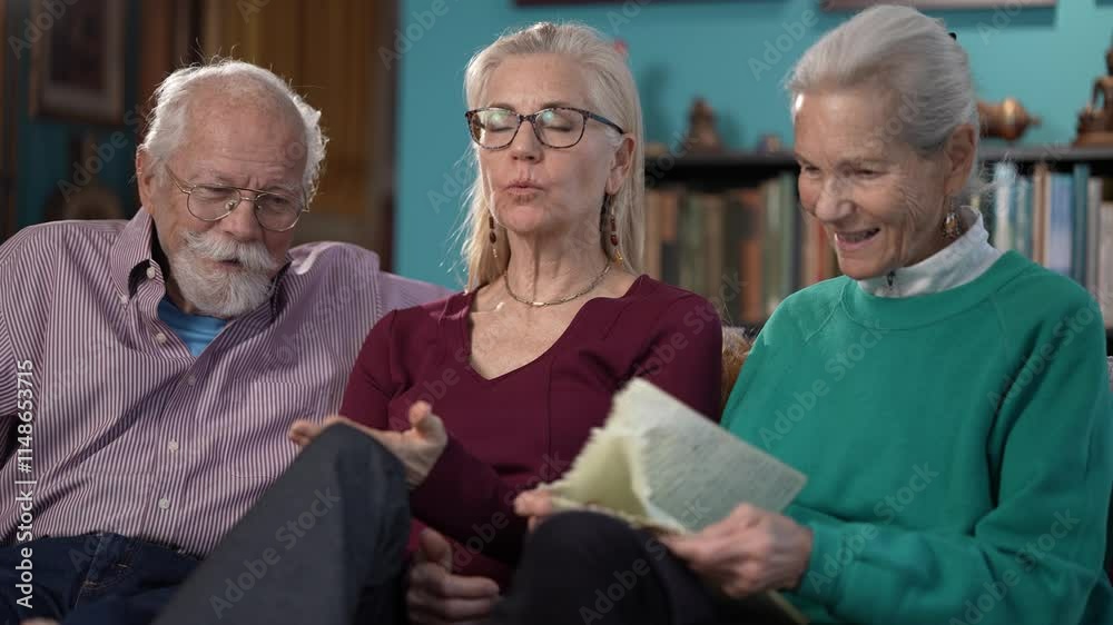 Three family members share a joyful moment together in a cozy living room, engaging in lively conversation and laughter, showcasing their strong bond. Three family members share a joyful moment together in a cozy living room, engaging in lively conversation and laughter, showcasing their strong bond.