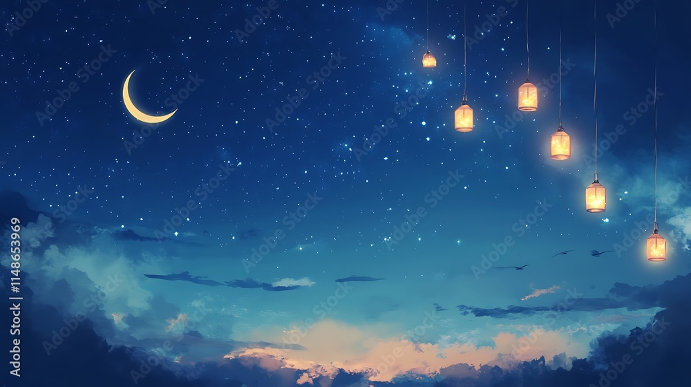 Night Sky Lanterns Crescent Moon Starry Cloudscape Night Sky Lanterns Crescent Moon Starry Cloudscape