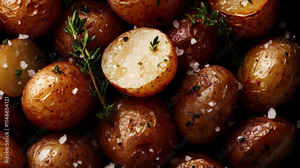 Obraz premium roast potatoes garnished with fresh thyme and flaky sea salt, close-up view highlighting golden crispiness, rich and warm tones of gold and green.
