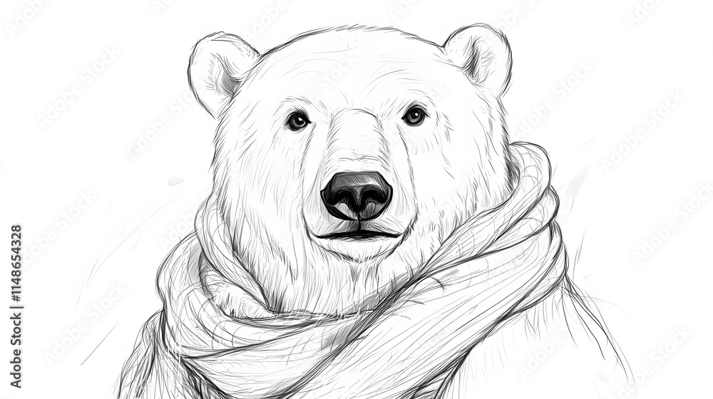 Line drawing of a polar bear wearing a scarf