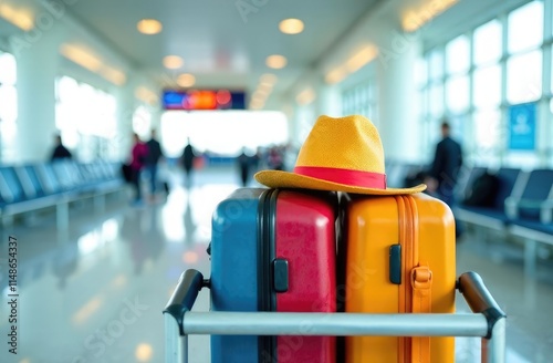 Colorful suitcases and hat placed on trolley in modern airport terminal before flight during trip photo