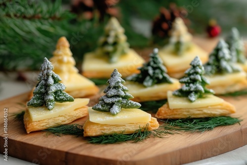 Festive Christmas tree-shaped cheese canapes arranged on wooden board. Small triangular puff pastry bites topped with creamy cheese, decorated with miniature green Christmas trees dusted with photo