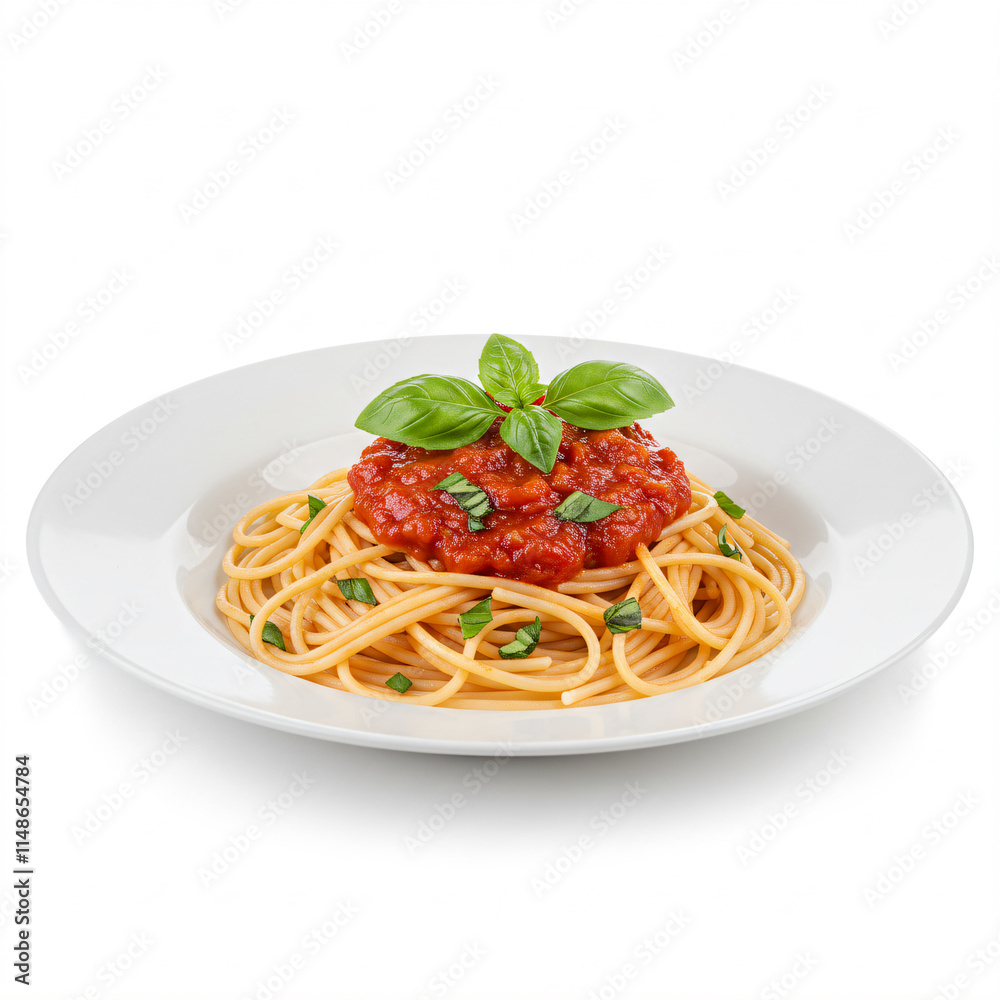 A plate of spaghetti with tomato sauce and basil garnish. A plate of spaghetti with tomato sauce and basil garnish.