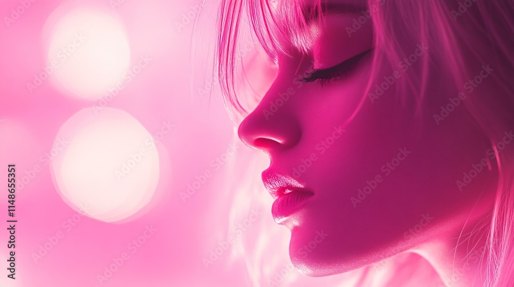 Close-Up Profile of a Woman with Pink Lighting and Soft Focus Background Close-Up Profile of a Woman with Pink Lighting and Soft Focus Background