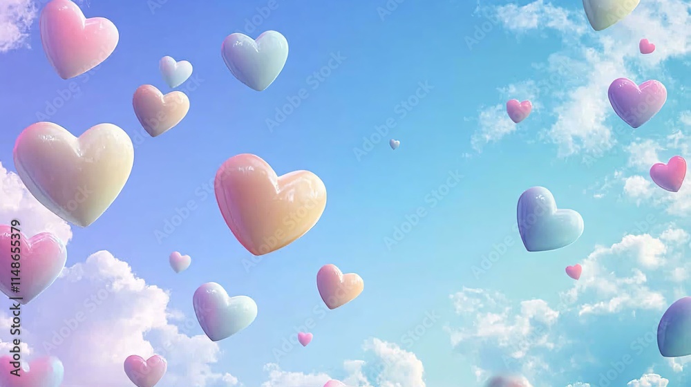 Colorful Hearts Floating in a Blue Sky with Soft Clouds and Pastel Tones Colorful Hearts Floating in a Blue Sky with Soft Clouds and Pastel Tones