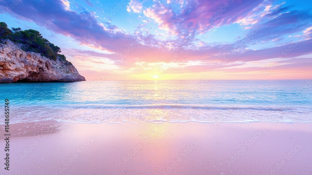 Fototapeta premium Serene sunrise over tranquil beach, clear turquoise water, pink sand, and colorful sky.