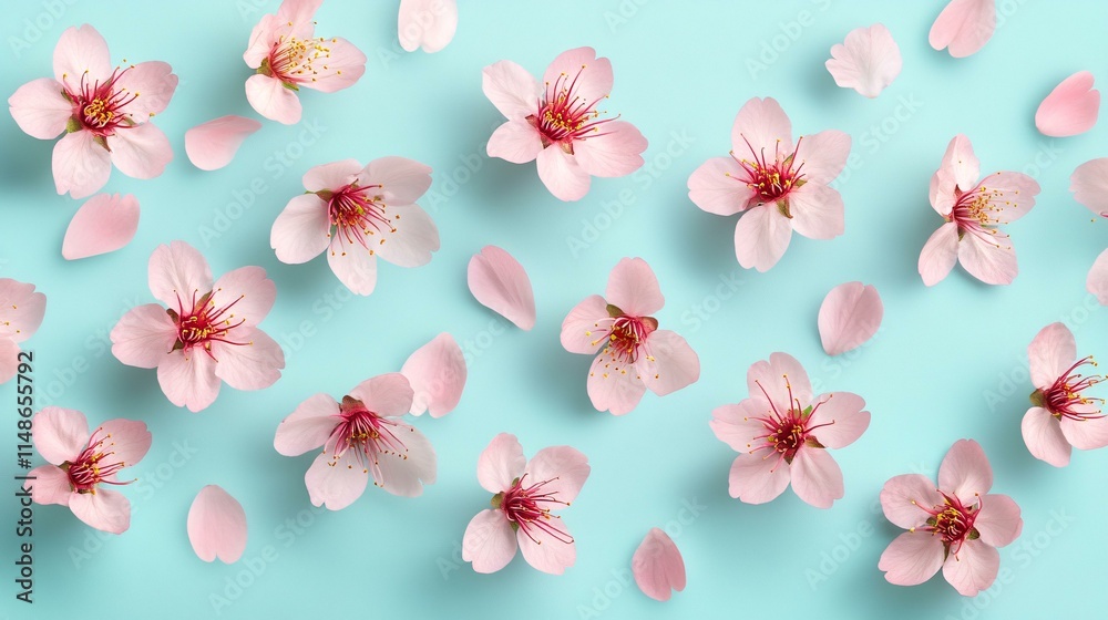 Delicate Pink Cherry Blossoms on Soft Mint Background for Spring and Nature Themes Delicate Pink Cherry Blossoms on Soft Mint Background for Spring and Nature Themes
