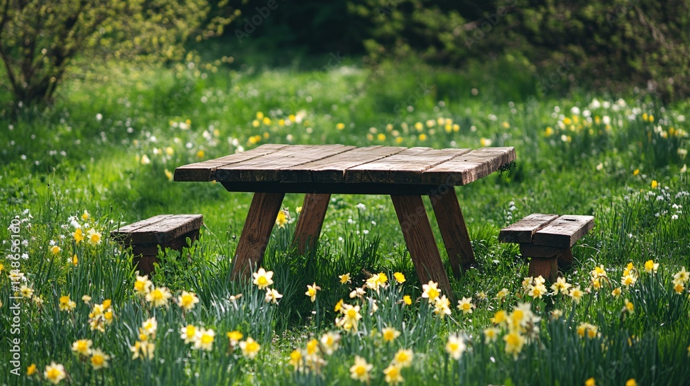 Wooden Table Surrounded by Wildflowers in a Serene Outdoor Setting Wooden Table Surrounded by Wildflowers in a Serene Outdoor Setting