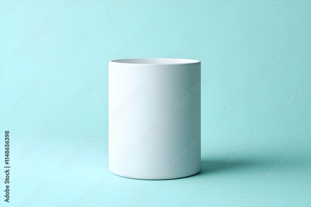 A simple white cylindrical container on a light blue background. A simple white cylindrical container on a light blue background.