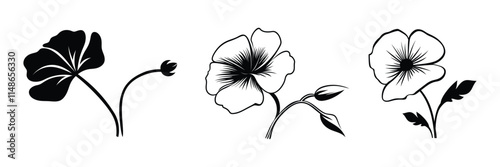 Set of California Poppy flower icon, silhouette, outline, vector, illustration isolated on a white background.