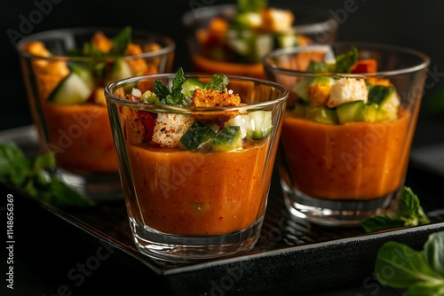 roasted red pepper gazpacho served in glass cups, topped with croutons and diced vegetables, plated on a textured dark tray, fresh and vibrant atmosphere, warm red and green tones.