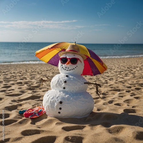 Make a snowman pretending to sunbathe with sunglasses and a beach umbrella.