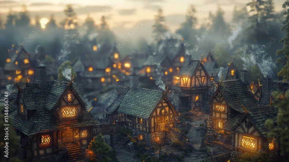 Fototapeta premium Enchanted Medieval Village at Dusk