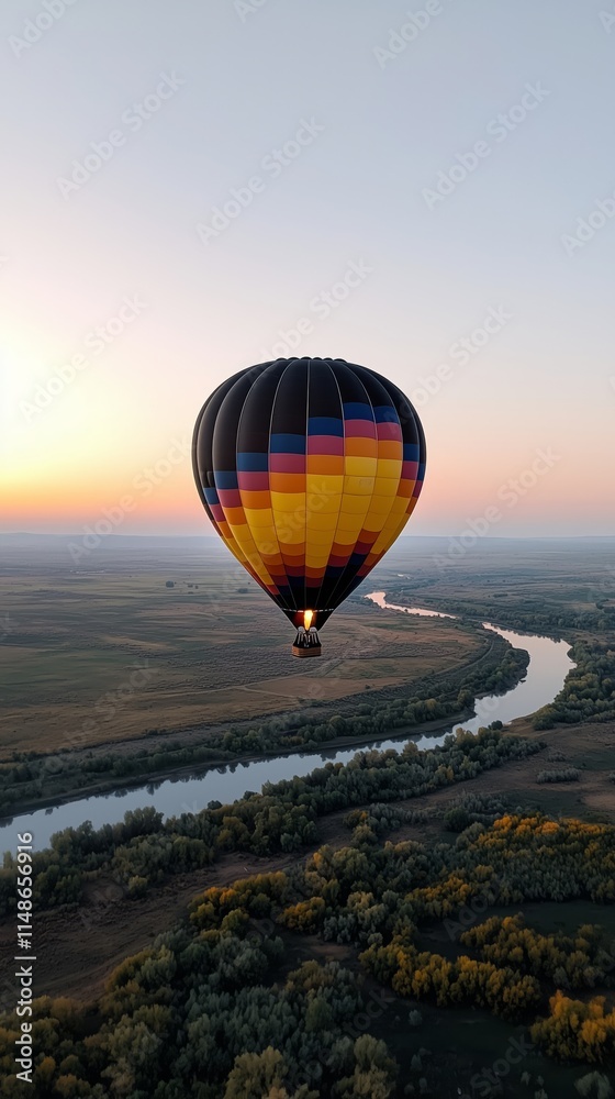 Obraz premium Hot Air Balloon Floating Over Scenic Valley