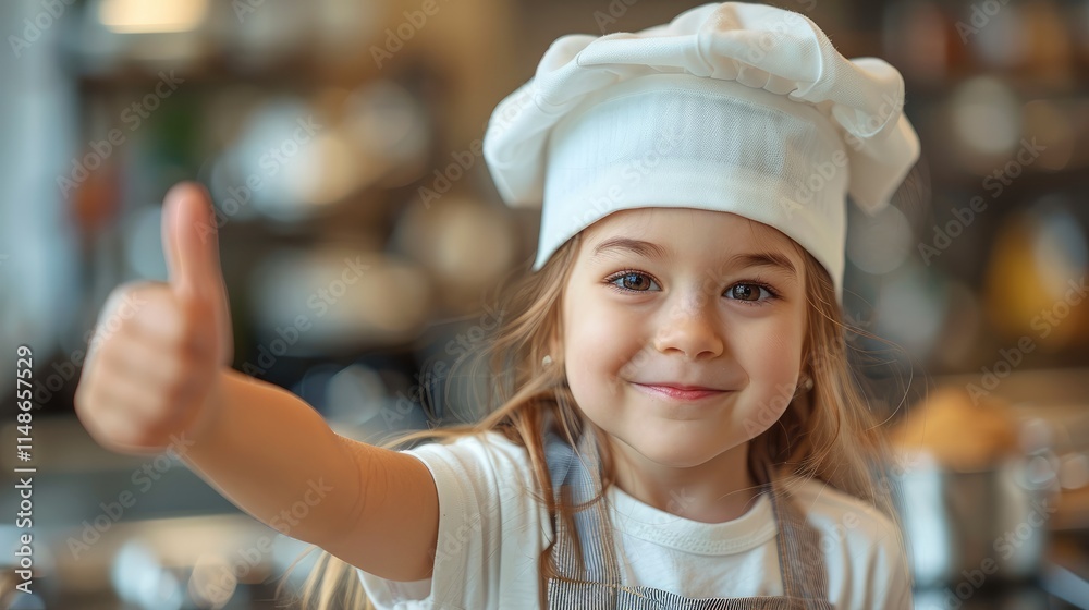 Little girl in a chef's hat gives a thumbs up. Little girl in a chef's hat gives a thumbs up.