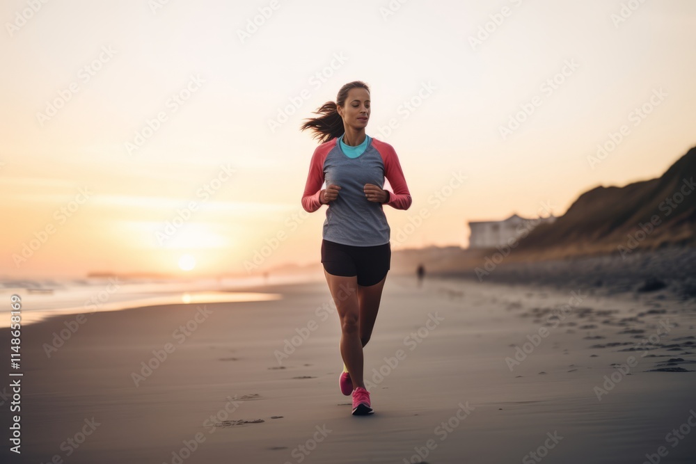 Young woman jogging on the beach at sunrise. Fitness and healthy lifestyle concept. Young woman jogging on the beach at sunrise. Fitness and healthy lifestyle concept.