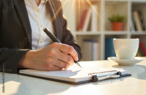 person writing on notebook while working at workplace in office, business learning concept