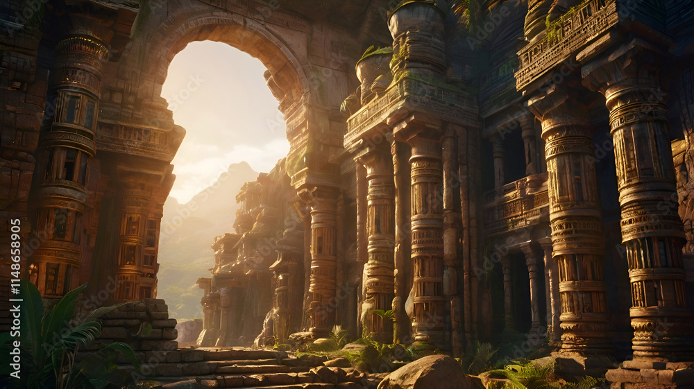Opulent golden ancient Temple of lost Lemuria civilization bathed in golden light. culture concept. Ai generated